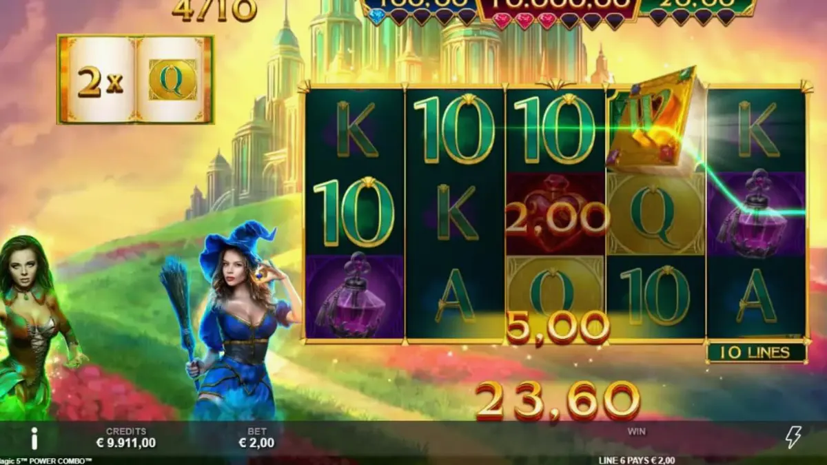 Captura de tela do slot Book of Oz Magic 5 Power Combo com o Caminho de Tijolos Amarelos e a Cidade Esmeralda ao fundo.